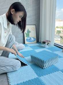 12pcs/Set (6 Mint Green + 6 White) Plush Patchwork Floor Mat, 12*12*0.39 Inches Small Size Carpet, Peel & Stick Rug, Bedroom Decor, Home Decorative Rug, Bedroom Rug, Decorative Carpet, Bedroom Carpet, Room Carpet, Living Room Carpet Set, Game Room Mat, EVA Bottom & Linen Top Rectangular Trimmable & Washable, Suitable For Daily Home Scenarios