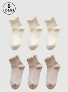 1/3/6 Pairs Women Ruffle Trim Socks, Thin Solid Color Mid-Calf Socks, Breathable Moisture-Wicking, Spring/Summer