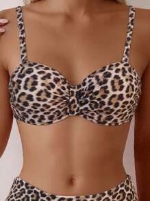 Two Pieces Swimming Suit Set. Bikini Top With Underwired Cups And Adjustable & Removable Straps. Bikini Bottom With Drawstrings. Leopard Print. - Multicolor - View 3