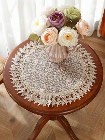 1pc Organza Fabric Table Mat, Elegant Embroidery & Lace Cutwork Design, Suitable For Round Placemat, Tablecloth, Picnic Mat, Gift, Home Decor, Suitable For Family Gatherings, Holidays, Parties, Camping, Villa, Indoor & Outdoor, Party & Wedding Decorations, Multiple Sizes Available