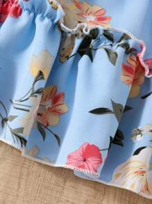 欧美风格少女夏季休闲印花连衣裙短袖度假轻便公主裙 - 淺色水洗藍 - 查看 5