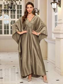 Solid Satin Kaftan Plus Size House Dress Lounge Wear Caftan Women Elegant Long Sleeve Dress