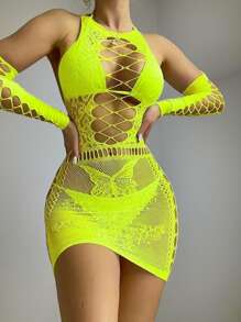 Women's Dress With Sleeves, Sexy Lingerie, Hollowed Out Transparent Mesh, Perfect Figure Curve, Sexy And Gentle Valentine's Day Essential - Fluorescent Yellow - View 2