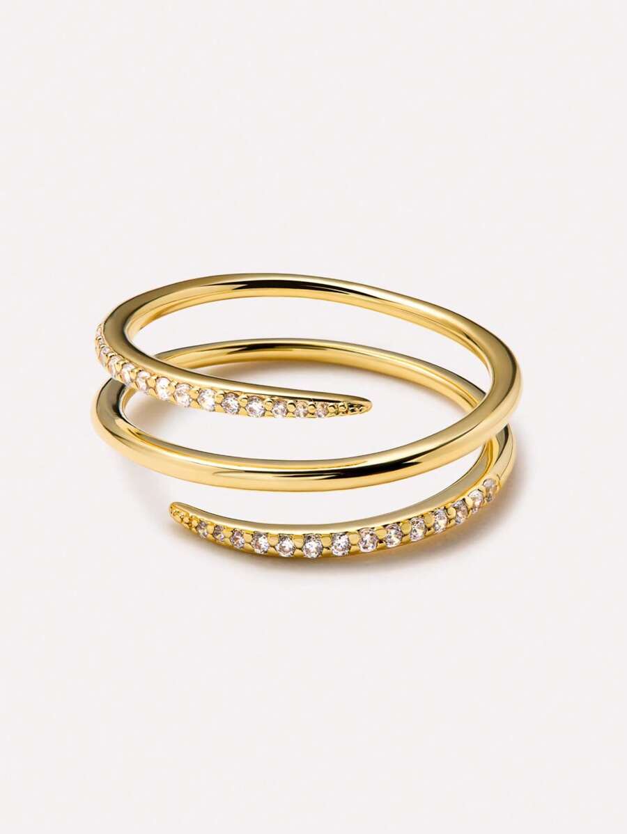 Leicht luxuriöser Abendschmuck, 925er Sterling Silber, spiralförmiges Design mit eingelassenen Zirkoniasteinen, vergoldet, verstellbarer Ring für Frauen, für den täglichen Gebrauch