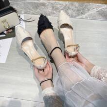 Pointed Toe Solid Color High Heel Girl's Sandals With Thick Heels, Buckle Strap, Mid Heel, Versatile Mary Jane Shoes For Spring/Summer - Black - View 1