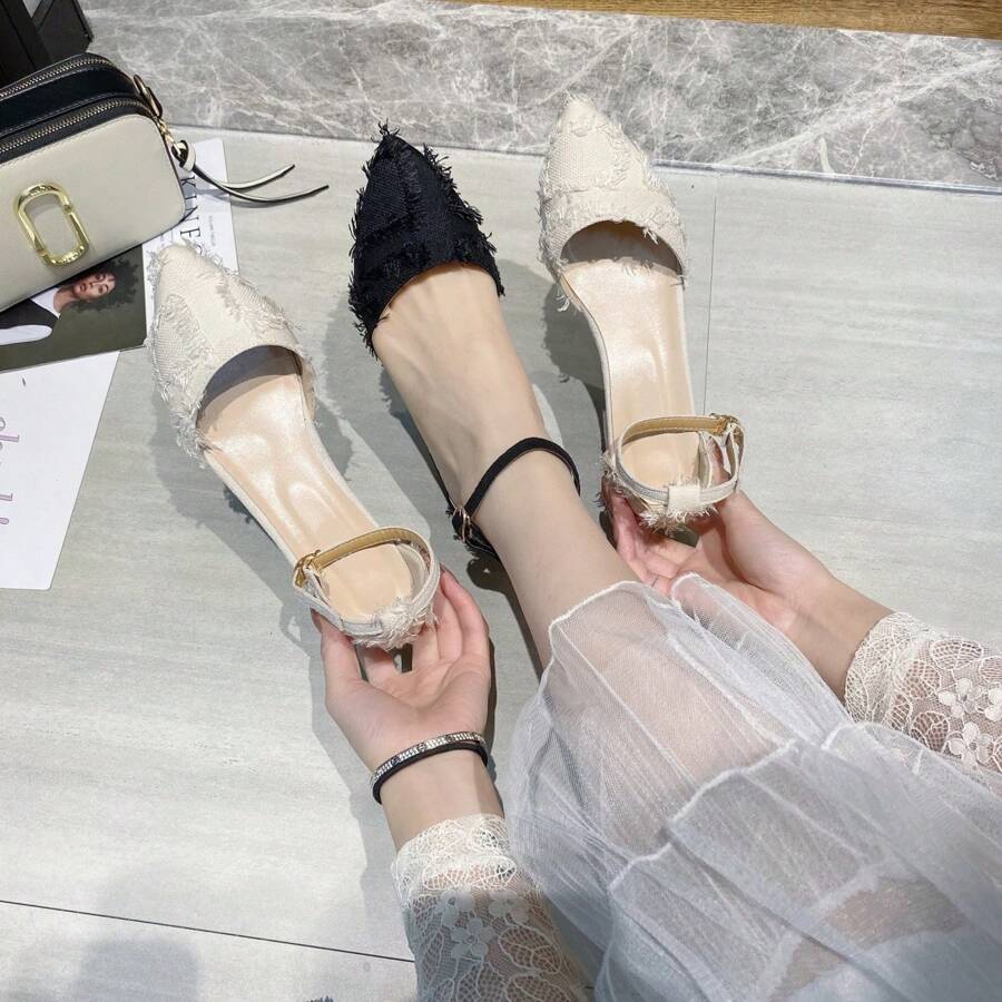 Pointed Toe Solid Color High Heel Girl's Sandals With Thick Heels, Buckle Strap, Mid Heel, Versatile Mary Jane Shoes For Spring/Summer - Black - View 1