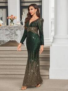 Elisanya Random Cut V-Neck Long Sleeve Fitted Gradient Sequin Elegant Formal Evening Gown Dress, Party Dress, Wedding Guest Dress - Dark Green - View 1