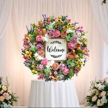 Spring Summer Wreath For Front Door, 18 Inch Artificial Berries And Colorful Flower Wreath With Welcome Sign, Spring/ Summer Greenery Wreath For Front Door Wall Window Festival DecorMother's Day Easter