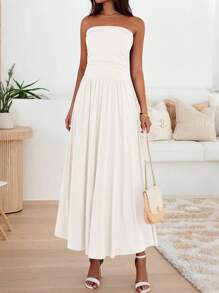 Women Summer Strapless Dress Sleeveless Tube Dress Ruched Flowy Side Pocket Bandeau Maxi Dress Casual Spring Vacation Holiday Beach Cocktail Wedding Guest Midi Dresses Outfits - 白色 - 查看 6