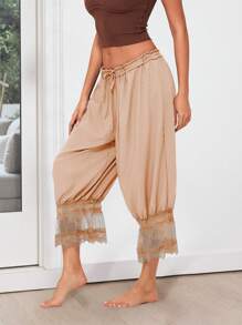 Womens Cropped Pants Loose Mid Rise Patchwork Lace Lantern Trousers Casual Streetwear - Champagne - View 3