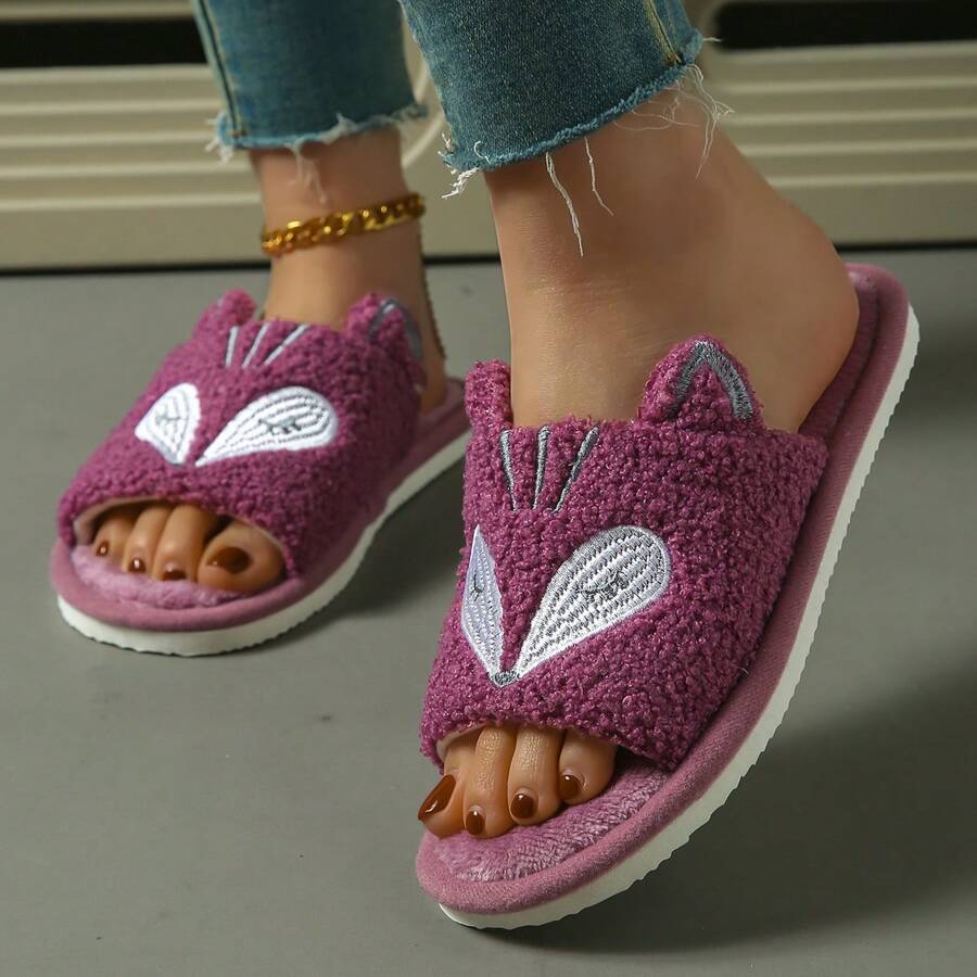 Cute Cartoon Animal Sleepy Ears Small Fox Soft Indoor Slippers With Open Toe, Unisex Solid Color Home Slippers - Purple - View 1