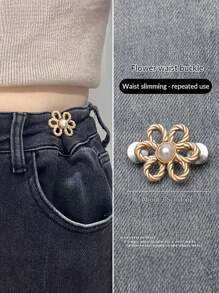 1pair Flower Pin Jeans Skirt Waist Adjuster - Waist Size Adjustable Buckle For Jeans Skirt, Prevents Pants From Slipping Down, No Need For Nails - Silver - View 10