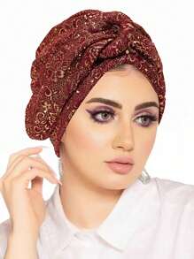 1pc European & American Style Women's Sequin Pleated Twist Headscarf Hat, Head Wrap Turban Hat With Metal Button For Dress - A - View 4
