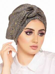 1pc European & American Style Women's Sequin Pleated Twist Headscarf Hat, Head Wrap Turban Hat With Metal Button For Dress - A - View 12
