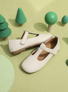 1 Pair Girls Beige Flat Shoes, PU Adjustable Hook-And-Loop Round Toe TPR Anti-Slip Lightweight Comfortable Solid Color Ballet Flats, Suitable For 5-14 Years Old Students, School & Outdoor Daily Casual Wear, All Season - Beige - View 7