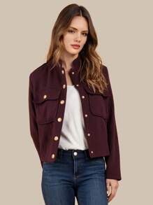 Women's Fashion Casual Back-To-School Autumn/Winter Wear With Solid Color Lapels, Long Sleeves, Pockets, Buttons, Single-Breasted Jackets Spring - Burgundy - View 8