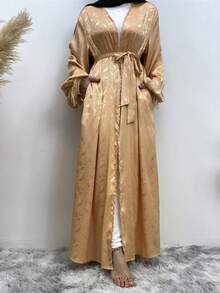 Feather Cuff Print Satin Middle Eastern Style Cardigan For Women - Gold - View 3