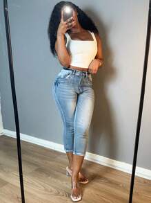 Women Fashion Vintage Washed Denim Pants Small Legs Button-Up Zipper Open Slim-Fit Stretchy Jeans - 淺色水洗藍 - 查看 7