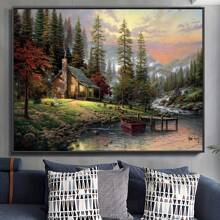 Lake Forest Wooden House Landscape Wall Art - Canvas Poster-1 Pc Wooden Framed Canvas Painting -  Thickness 2.25cm/0.9inch,Valentine's Day Decorations At Home,Valentine's Day,New Year,Home Gift Decoration, Room Decoration Aesthetic, Wall Decoration Art, Perfect Gift, Autumn And Winter Wall Decoration, Living Room Decoration, Bedroom Decoration, Kitchen Decoration, Entry Decoration, Bathroom Decoration, Direct Wall Painting, High Quality Wall Painting Poster ,Easter  Easter Decorations For Women - 彩色 - 查看 9