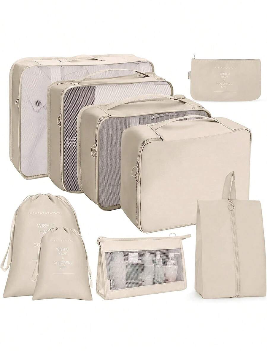 9 件便携式旅行收纳袋套装 - 轻松整理您的衣服、鞋子和内衣 - 非常适合行李箱打包 带有口号图形的便携式旅行收纳袋，带鞋子、洗漱用品和洗衣袋 学校用品 学校用品 大学用品 宿舍装饰 卧室装饰 学生教师宿舍必需品 收纳袋 衣服收纳袋 衣服整理袋 旅行袋套装 旅行收纳袋套装 旅行必需品 - 米色 - 查看 1