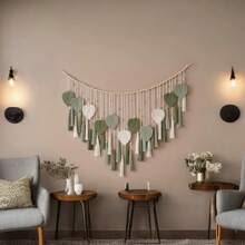 1 szt. Makrama ścienna, dekoracja ścienna w stylu boho z drewnianymi koralikami, frędzlami, liśćmi, gobelin w tle weselnym, tkany koc ścienny z frędzlami do wnętrz, tło zasłon