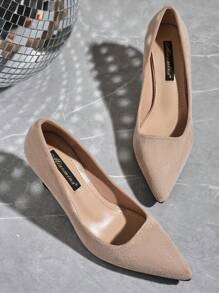 女士 7 厘米高跟办公鞋，绒面软皮舒适一脚蹬高跟鞋适合长时间穿着，黑色 - 杏色 - 查看 7