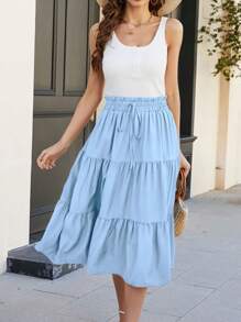 浅蓝色褶皱松紧腰度假裙