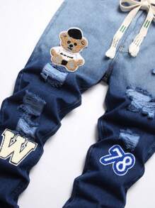 Men Bear & Letter Patched Ripped Slim Straight Jeans - Dark Wash - View 3