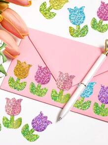 (500 pezzi/rotolo) Rotolo di adesivi olografici a tulipano, adesivi sigillo a forma di fiore colorati laser, adesivi decorativi floreali impermeabili e autoadesivi per buste, diari, feste di compleanno, biglietti di auguri, vacanze, forniture scolastiche, ritorno a scuola