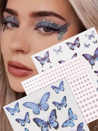 3pcs Glitter Butterfly Tattoo Stickers + Multi-Size Silver-White Rhinestone Face Gems, Suitable For Eye Corner/Nail/Face Decor, For Music Festival, Carnival, Valentine's Day, Y2K Party, Daily Decoration, Makeup Party, Ball, Hair/Eyes/Face/Body Decoration