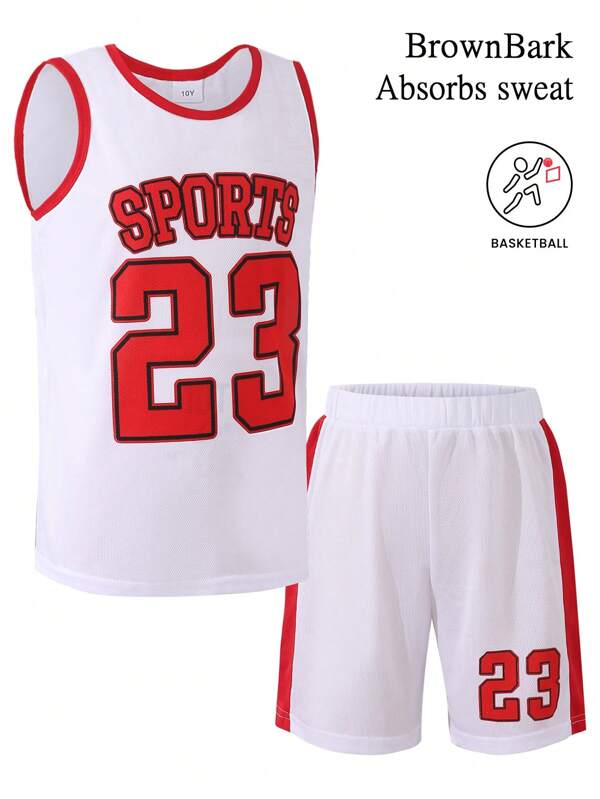 2pcs Set: Letter Print Round Neck Tank Top & Shorts For Big Kids Boys, Suitable For Casual, Sports, Souvenir, Summer
