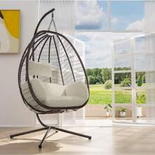 Egg Swing Chair Outdoor Indoor Wicker Rattan Hanging Chair With Stand 350lbs Capacity W/Strong Frame & Cushions For Patio Balcony Bedroom