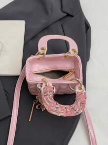 精致迷你优质纹理春夏新款流行甜美丝巾手提包，小众设计钻石网格心形刺绣戴安娜王妃包，时尚斜挎包搭配蝴蝶结吊坠，适合约会、购物和送礼，是女性最佳的母亲节礼物 - 粉色 - 查看 11