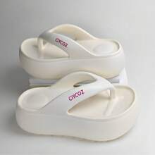 Women's Spring/Summer Thick Sole 6cm Wedge Flip Flops, Elevated, Wear-Resistant, Anti-Slip, Beach Holiday, Casual Fashion Sandals, Minimalist, Comfortable, Durable, Colorful Letter Decor, Slip-On