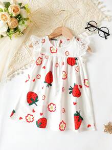 Baby Summer Cute Strawberry Flower Pattern Lace Little Cap Sleeve Princess Dress - White - View 1