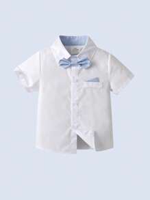BOARNSEORL Young Boys Gentleman Short Sleeve Set With Collar Shirt, Bowknot And Overalls Shorts, Casual & Comfortable, Stylish For Outing, School, Ceremony, Party, Performance