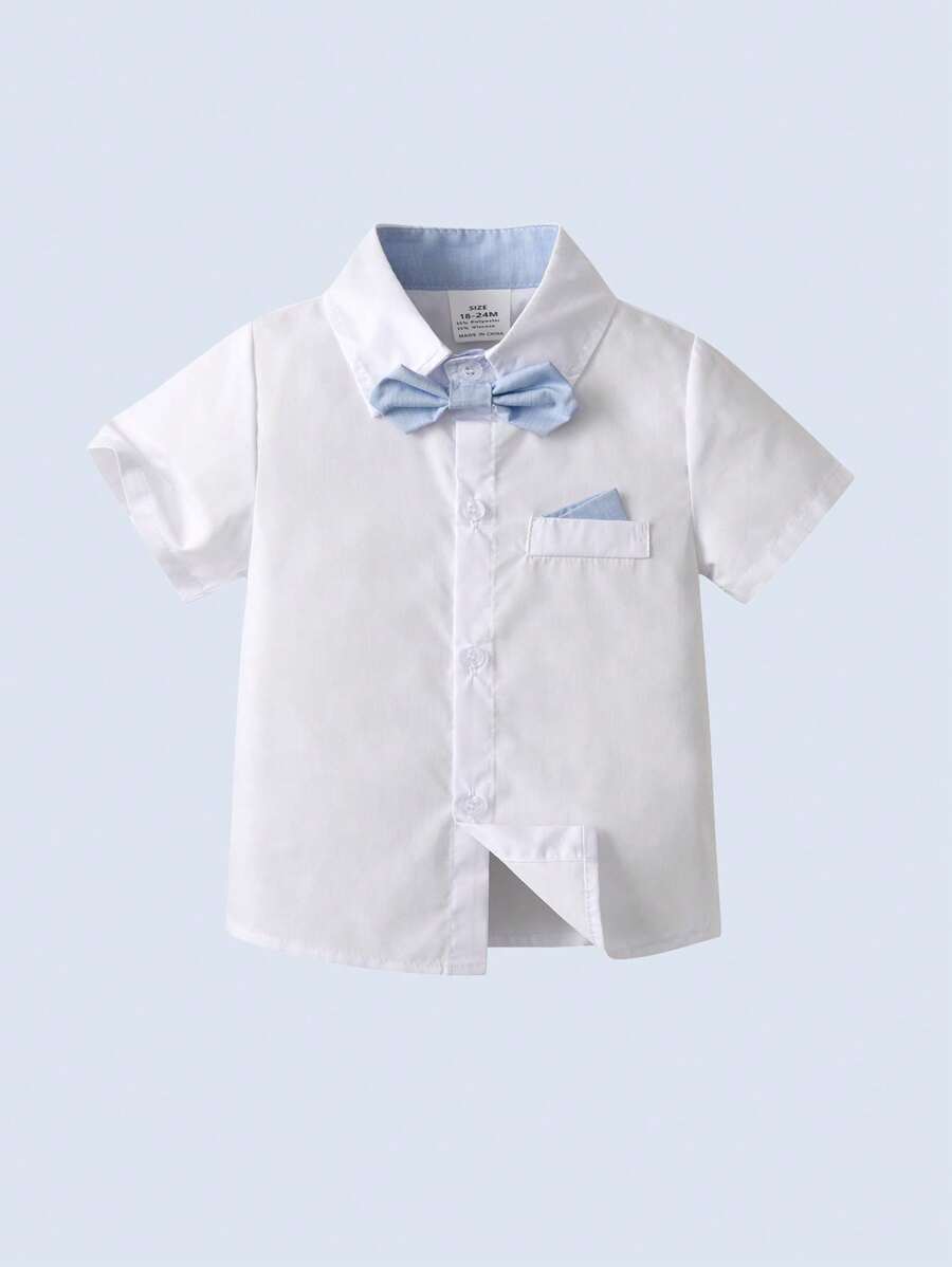 BOARNSEORL Young Boys Gentleman Short Sleeve Set With Collar Shirt, Bowknot And Overalls Shorts, Casual & Comfortable, Stylish For Outing, School, Ceremony, Party, Performance