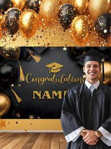 1pc - Customized Graduation Backdrop, Can Customize 2025 Graduation Banner - Black And Gold Polyester Background With Shiny "Congratulations" Design, Ideal For Graduation Celebration - Multicolor - View 3