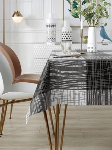 1 Piece Tablecloth With Geometric Pattern,140x220cm,Stain- And Water-Resistant Polyester,PVC And Non-Woven Fabric Tablecloth Printed In Black And White, Suitable For Kitchen, Living Room, Parties, Waterproof, Oil-Proof, Washable, Dust-Proof, To Decorate The Kitchen And Dining Table,Easy To Clean And Use,Rectangular Tablecloth,Modern Decoration For Dining Table, Tablecloth