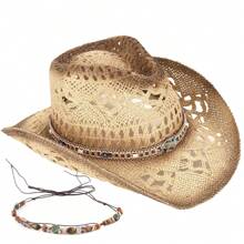 1 Hat And 2 Decorations Unisex Bead Decor Cowgirl Hat Hollow Out Summer Travel Shade Cowboy Hat Dyeing Wide Brim Printed Breathable With Beaded Trim Band Hand Woven Beach Hat Fedora Sun Hat Straw Hat - 米色 - 查看 1