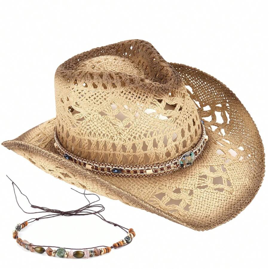 1 Hat And 2 Decorations Unisex Bead Decor Cowgirl Hat Hollow Out Summer Travel Shade Cowboy Hat Dyeing Wide Brim Printed Breathable With Beaded Trim Band Hand Woven Beach Hat Fedora Sun Hat Straw Hat - 米色 - 查看 1