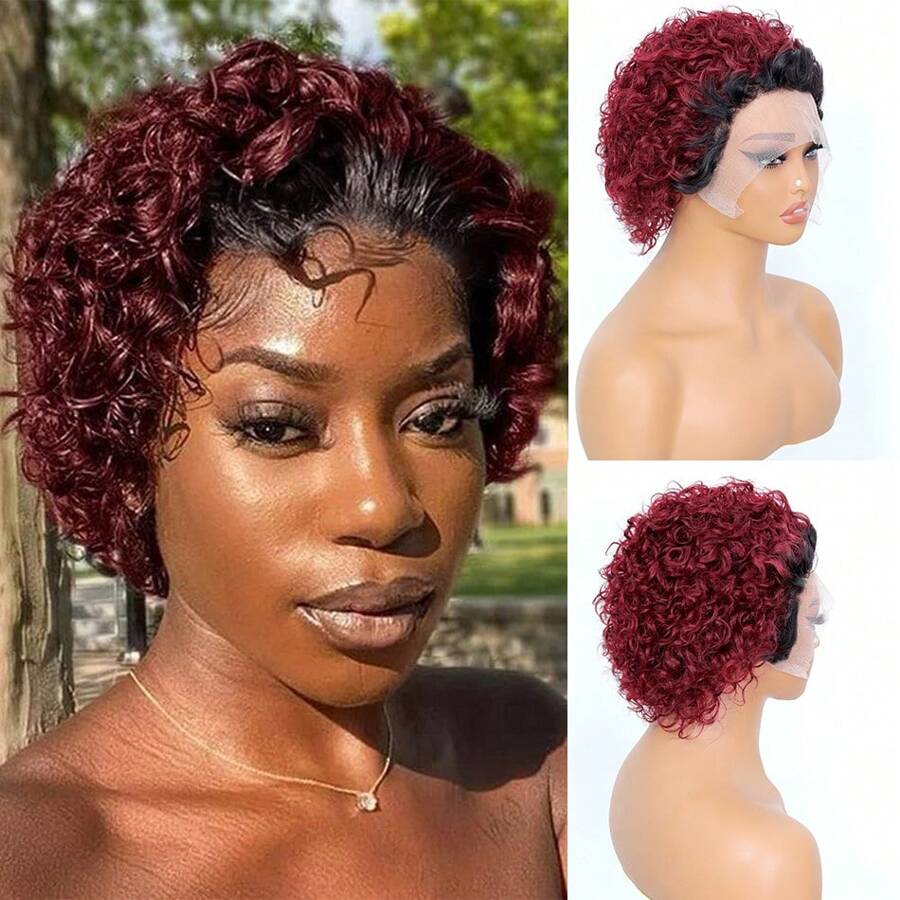 Pixie Cut Curly Human Hair Wigs Ginger 350 Short Curly Lace Front Human Hair Wigs For Women 6 Inch 13x1 Transparent Lace Frontal Wigs Water Wave Dark Rooted To Ginger Orange Color - 1B/99J - View 1