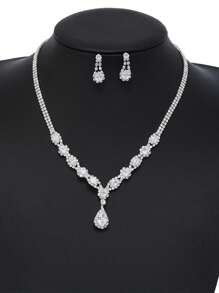 1 套奢华防过敏水晶项链和耳环套装，优雅的新娘派对配饰，女士闪亮锆石泪珠项链和耳环轻巧别致珠宝