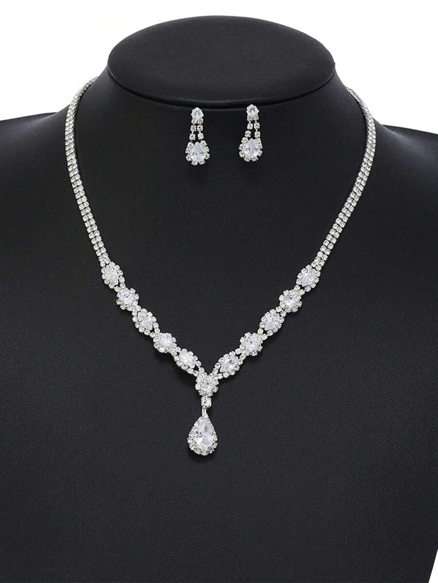 1 套奢华防过敏水晶项链和耳环套装，优雅的新娘派对配饰，女士闪亮锆石泪珠项链和耳环轻巧别致珠宝