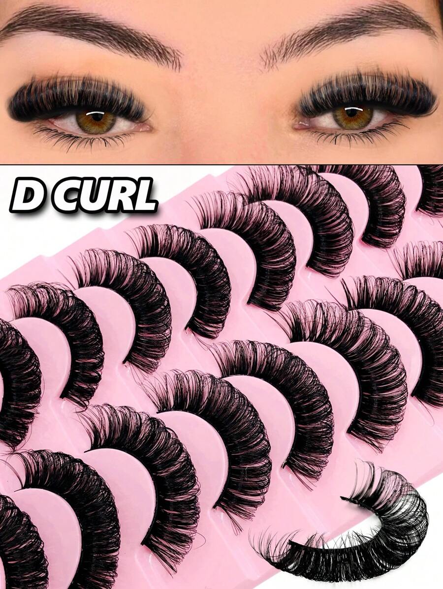 Rikuaild 10 Pairs D-Curl Thick Faux Mink Eyelashes, Cartoon Style Curly Thick Faux Mink Lashes, Natural & Dramatic Soft Criss-Cross False Eyelashes - 濃密款 - 查看 1