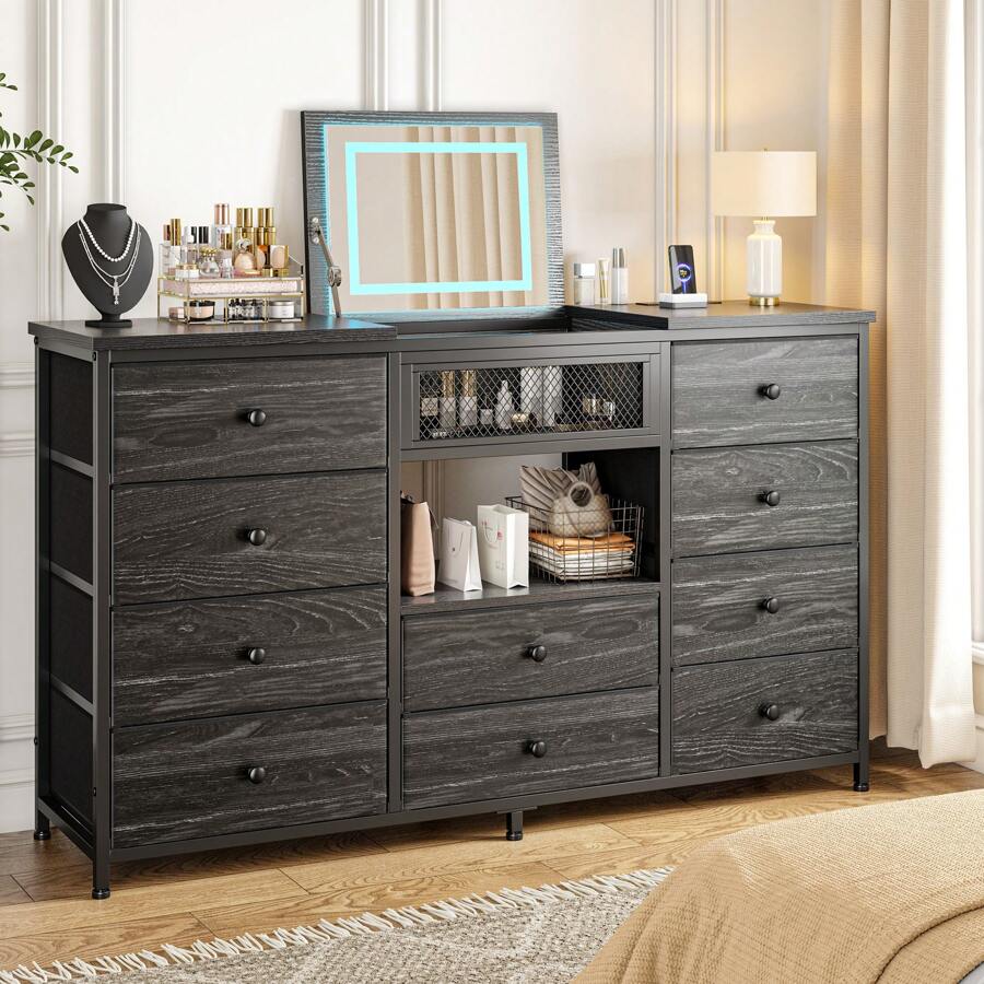EnHomee 55" W Lagre Dresser For Bedroom With Mirror & LED Lights And Charging Station, Vanity Table With 10 Fabric Drawers And Lighted Mirror, Dressers & Chests Of Drawers For Bedroom, Closet, Hallway, Black Wood Grain - Xem 1