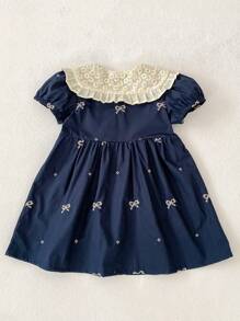 Summer New Arrival Girls Embroidery Bow Lace Sweet Dress