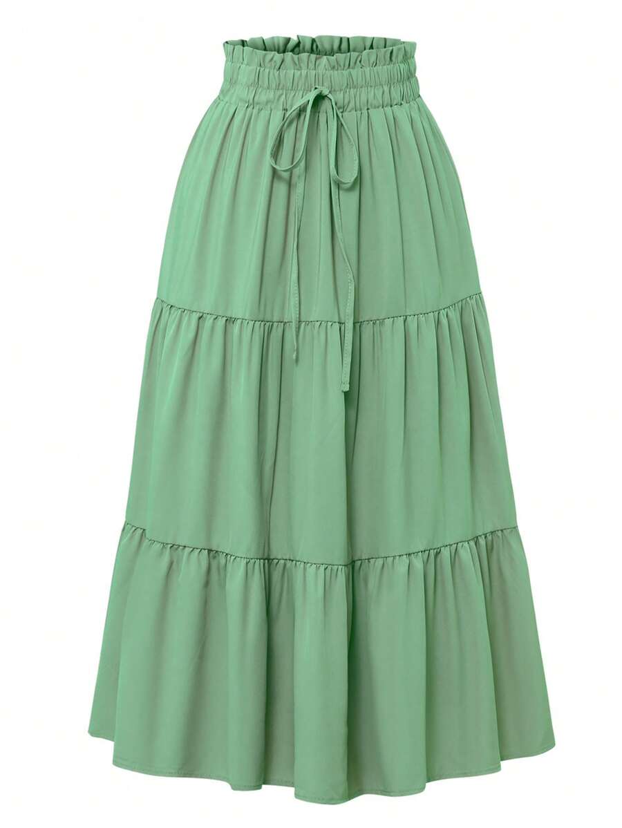 Sage Green Pleated Elastic Waist Vacation Skirt - Sage Green - View 1