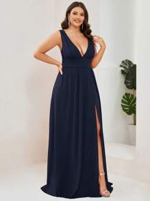 EVERPRETTY 大尺碼性感V領高衩無袖高腰伴娘禮服 - 藏蓝色 - 查看 3