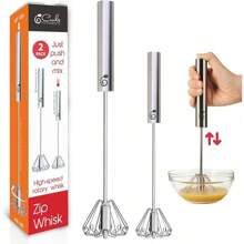 Stainless Steel Egg Whisk - Easy To Use Semi-Automatic Push-Down Zip Whisker - Rotary Hand Mixer For Beating Eggs, Frothing Milk, Blending, Mixing, Whipping Smoothies & Shakes - 2 Pack (12 &14 Inch)